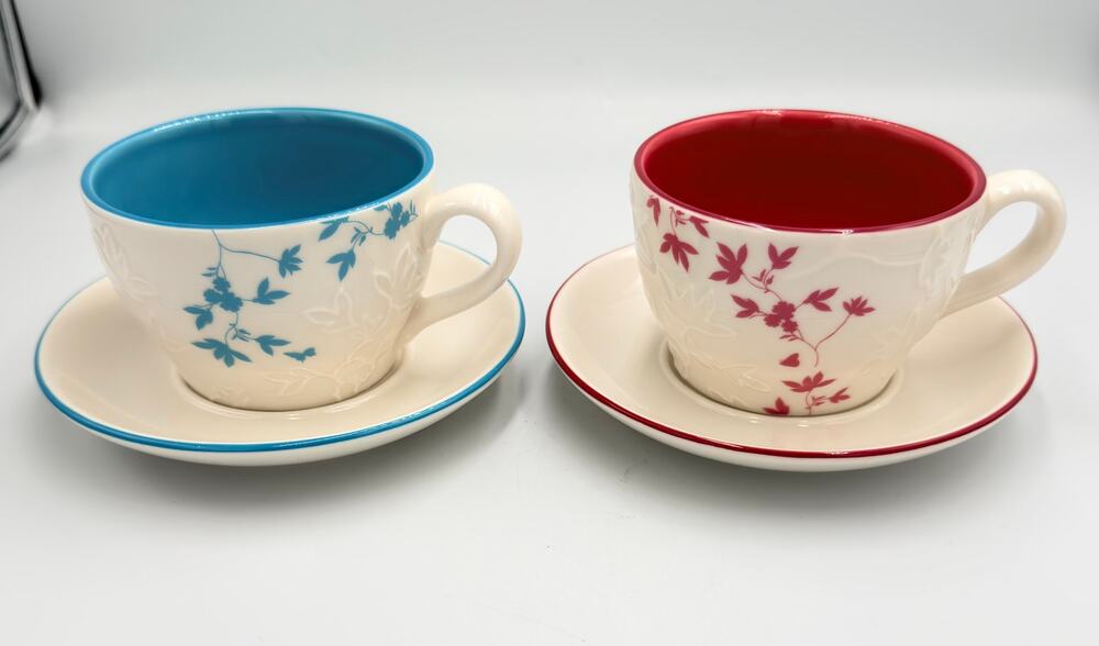 Starbucks Barista Embossed Leaves 2006 9oz Tea Coffee Cup and Saucer 4pc Set